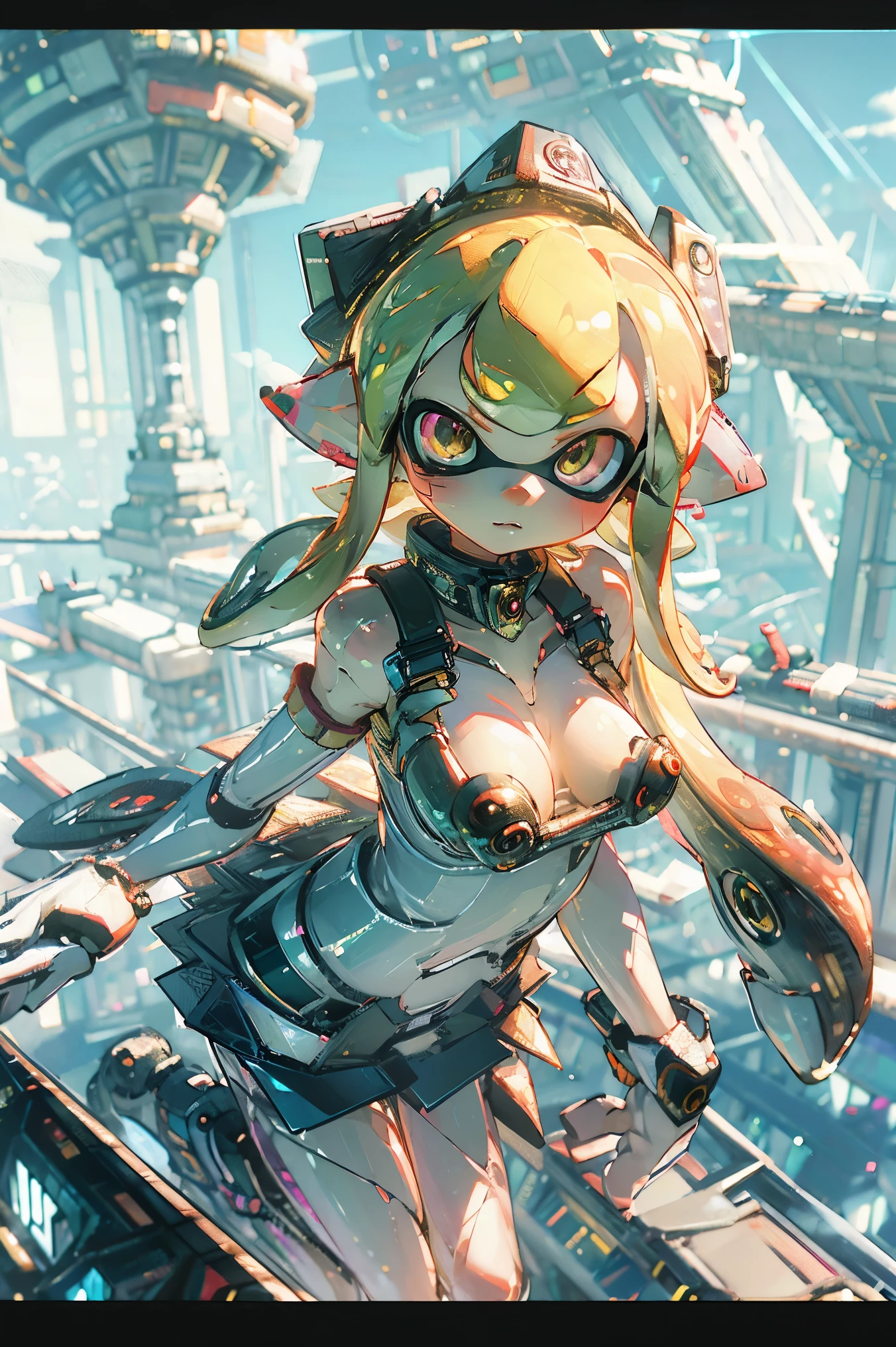 (Very detailed, masterpiece:1.2), Very detailedアートワーク, Highest quality, High resolution, Surreal:1.37, ((splatoon girl, Golden glowing eyes、length, Prism Gradient Tentacle Hair))、Beautiful Face、Big Breasts、Cleavage、Detailed facial depiction、Anatomically correct body、(A breathtaking leap, Cityscape in the background)、Real Anime、3d、