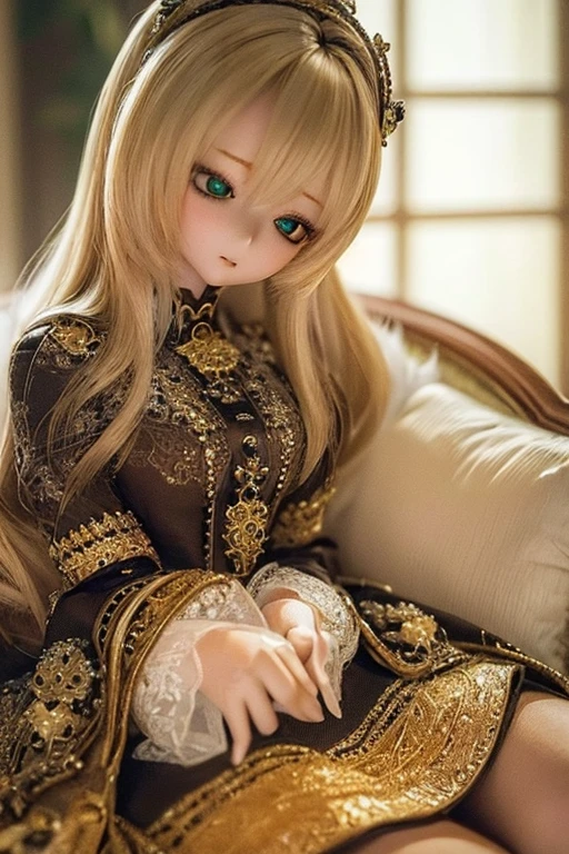 ((highest quality)), ((masterpiece)), (extremely detailed), kukolnydom, doll, (mature woman:1.7), solo, ((cowboy shot)), sitting on sofa, green eyes, (looking down, blank eyes, detailed eyes:1.3), light smile, dress, castle, 8k