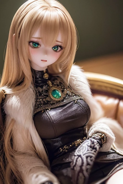 photorealistic, realistic photo, ((highest quality)), ((masterpiece)), (extremely detailed), kukolnydom, doll, (mature woman:1.7), solo, sitting on sofa, green eyes, (looking down, blank eyes, empty eyes, detailed eyes:1.3), light smile, dress, museum, 8k