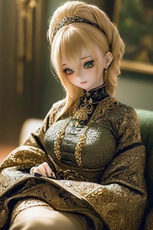photorealistic, realistic photo, ((highest quality)), ((masterpiece)), (extremely detailed), kukolnydom, doll, (mature woman:1.6), solo, ((cowboy shot)), sitting on desk, arms on sides, green eyes, (looking down, blank eyes, empty eyes, detailed eyes:1.3), light smile, dress, museum, 8k