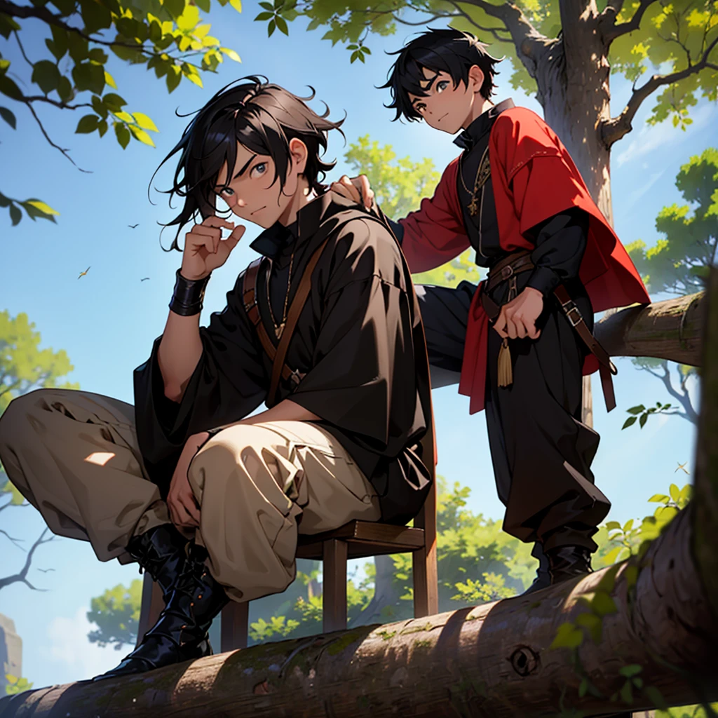 A  boy who lives in a world where everyone has special abilities except him. He has black hair, reddish eyes, Average height, wearing black and brown clothes, medieval style. He is serious. He is sitting in a tree watching other young people with skills having fun.
