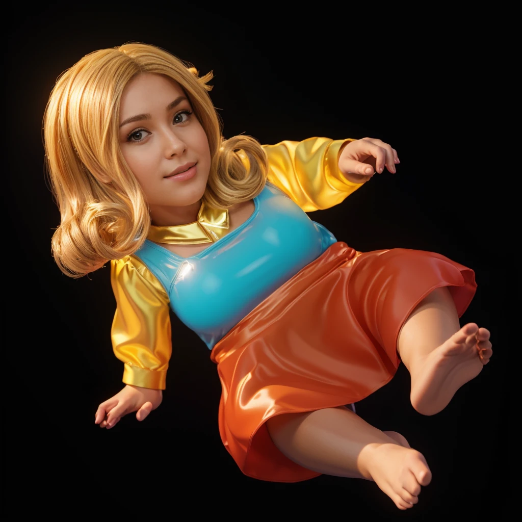 The image shows a 3D animated character, a young girl with blonde hair, wearing a yellow dress and a red skirt, floating in mid-air, smooth 3d model, glossy plastic texture, multiple light sources, rim light, sharp post effects render, most beautiful vfx, , realistic, 4k, high resolution, rim light, smooth 3d model. , glossy texture, smooth 3d model, multiple light sources, rim light, sharp post effects render, (glossy plastic texture with multiple big light probe refractions), perfect cgi, reflective, best quality, 4k, masterpiece:1.2, ultra-detailed, realistic, vivid colors, The image of the highest quality, ensuring every detail showcased perfectly. It in 4k resolution, allowing viewers to immerse themselves in the richness of the colors and intricate details. The realistic rendering. under the spotlight, reflecting, high-resolution image, realistic rendering