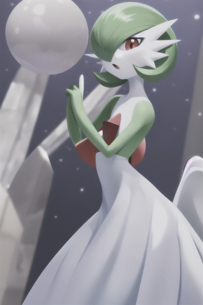 masterpiece, best_quality, 1girl, solo, gardevoir, white dress, creatures \(company\), game freak, nintendo, pokemon, pokemon \(game\), bangs, colored skin, female focus, flat chest, gen 3 pokemon, green hair, green skin, hair over one eye, multicolored skin, pokemon \(creature\), red eyes, short hair, two-tone skin, white skin, space,