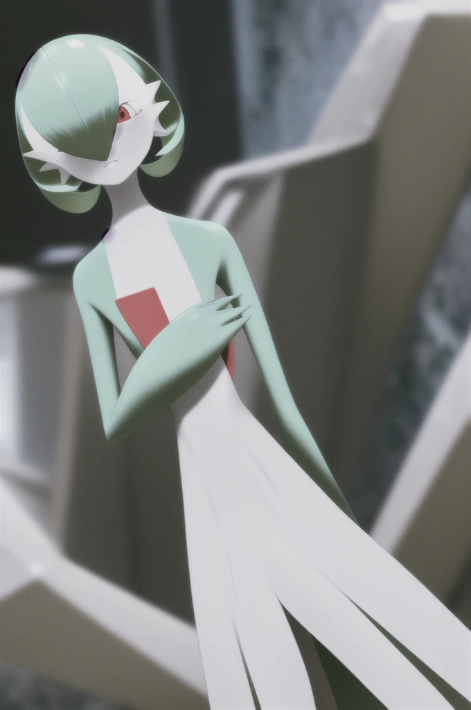 masterpiece, best_quality, 1girl, solo, gardevoir, white dress, creatures \(company\), game freak, nintendo, pokemon, pokemon \(game\), bangs, colored skin, female focus, flat chest, gen 3 pokemon, green hair, green skin, hair over one eye, multicolored skin, pokemon \(creature\), red eyes, short hair, two-tone skin, white skin, space,