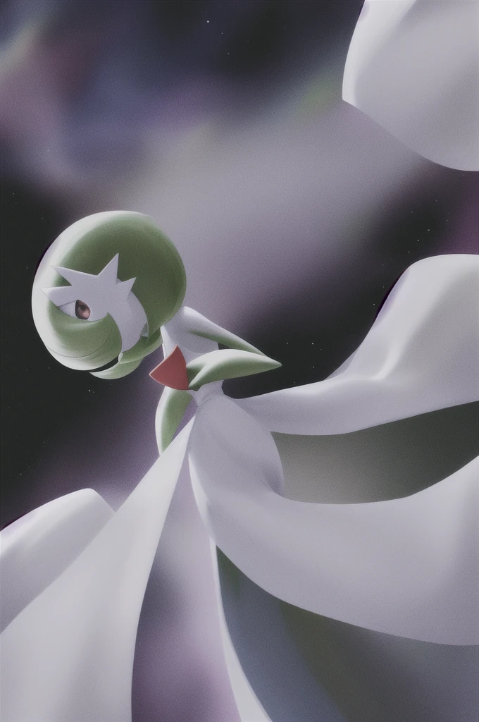 masterpiece, best_quality, 1girl, solo, gardevoir, white dress, creatures \(company\), game freak, nintendo, pokemon, pokemon \(game\), bangs, colored skin, female focus, flat chest, gen 3 pokemon, green hair, green skin, hair over one eye, multicolored skin, pokemon \(creature\), red eyes, short hair, two-tone skin, white skin, space,