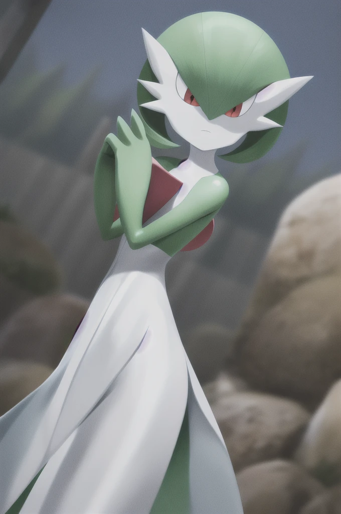 masterpiece, best_quality, 1girl, solo, gardevoir, white dress, creatures \(company\), game freak, nintendo, pokemon, pokemon \(game\), bangs, colored skin, female focus, flat chest, gen 3 pokemon, green hair, green skin, hair over one eye, multicolored skin, pokemon \(creature\), red eyes, short hair, two-tone skin, white skin, space,