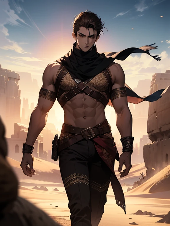 a muscular Middle Eastern man in a desert, short dark hair, detailed brown eyes, high-quality ultra detailed illustration, photorealistic, 8k, highly detailed face and body, mature man with broad shoulders, focused scene, embarking on a journey, vivid colors, dramatic lighting, cinematic composition, epic adventure