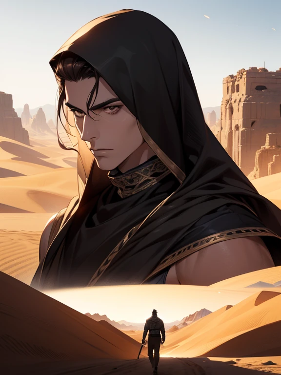 a muscular Middle Eastern man in a desert, short dark hair, detailed brown eyes, high-quality ultra detailed illustration, photorealistic, 8k, highly detailed face and body, mature man with broad shoulders, focused scene, embarking on a journey, vivid colors, dramatic lighting, cinematic composition, epic adventure