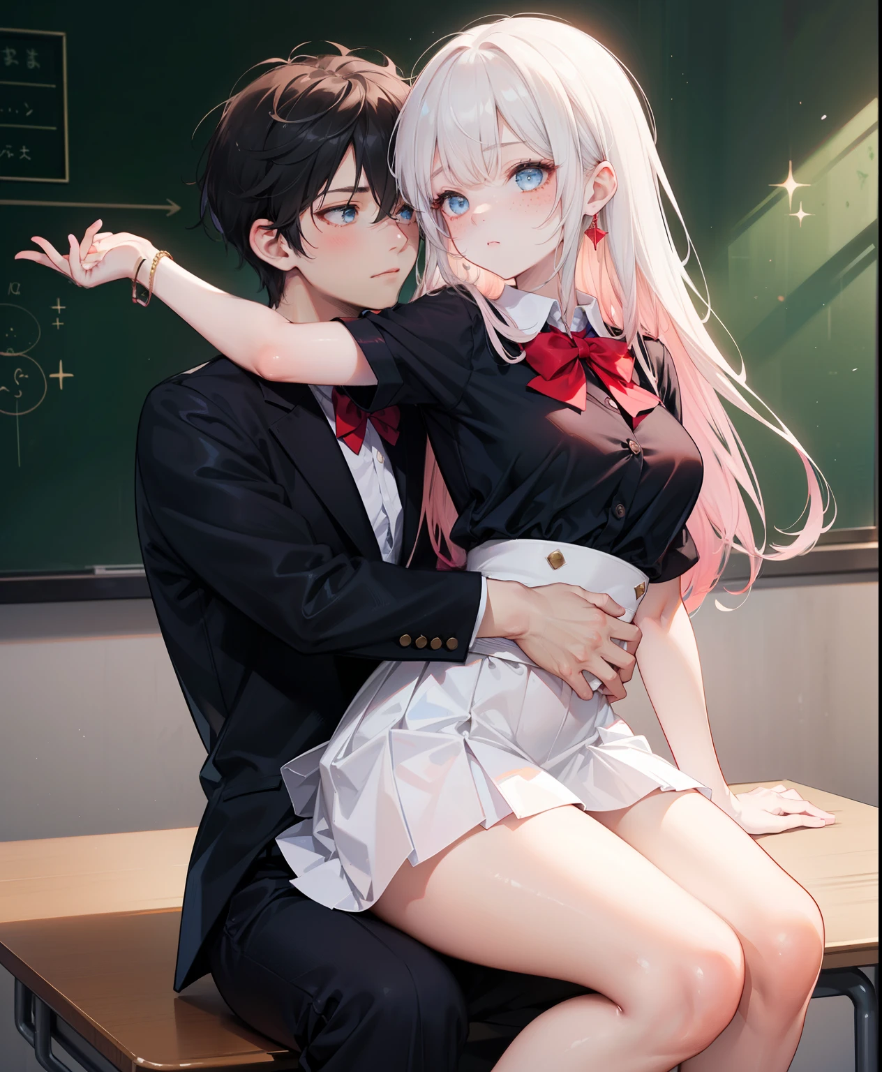 ((hihg quality)),one girl, two boys, Arrange pose,Top quality work, nsfw, Show Legs,(long white hair),(blue eyes), Rose cheeks, Pretty Face, A perfectly proportioned face, school classroom, round small breasts, ((boy put his hand under her panties and rubbing)), (erotic pose), nsfw