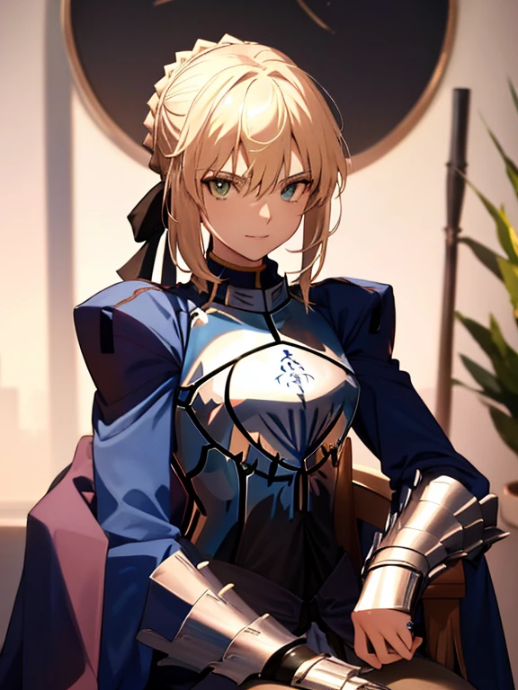 Queen, throne, Excalibur, Artoria Pendragon_FATE, Cowboy Shot, (masterpiece), highest quality, Fearless smile, 1girl, uhd, retina, masterpiece, ccurate, anatomically correct, textured skin, super detail, high details, high quality, best quality, highres, 4K
