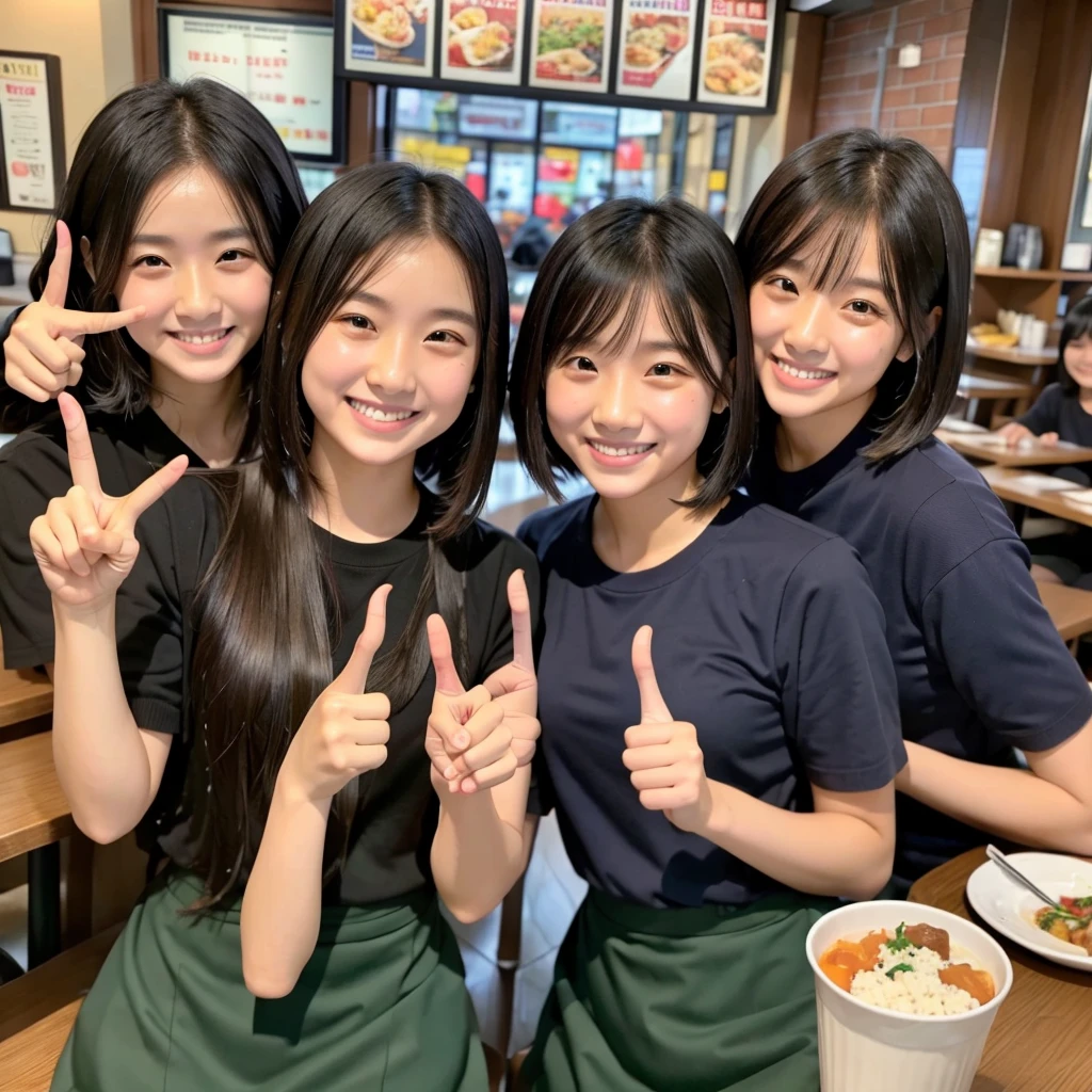 A confident smile, Taking a photo at a restaurant on the way home from school,They seem to enjoy themselves,短いBlack Hair, Brown eyes,Brown Skin,2 students、Use a gesture commonly associated with the peace sign while speaking (Tele from the restaurant), skirt, Black Hair, indoor, meal, shirt, ((((Complete faithful finger))))