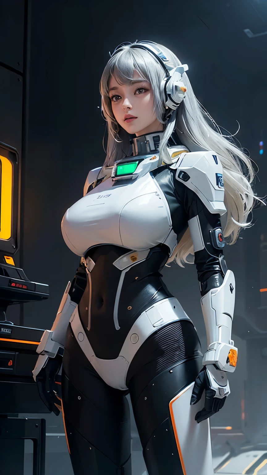 very big tits ((Masterpiece, The best quality)), illustration, 8K ultra detailed, realist, clear focus, Highly detailed, Pro Lighting, Futuristic color details, Rainbow Color BREAK, Factory Long Rise, large mechanical robot structure, microchip, computer, ((glow)), intricate details, shitu-mecha, 1girl, mecha, color image, (futuristic astronaut), (all hair: 1.2) ,all silver color bodysuit,all white,amber honey color, unreal engine 4,rainbow fractal,ambra color