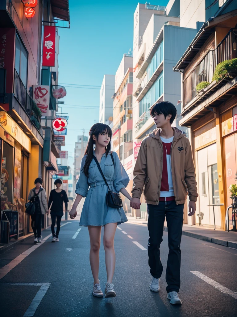 Anime couple walking down the street holding hands, Gweiz-style artwork, Walk together, Anime Style, Anime Style. 8K, 現代Anime Style, Anime Styleイラスト, Anime Style 4k, On the street, Anime Styleに, On the city streets, Anime full body illustration, Style Anime, Lovely couple, Beautiful anime art style