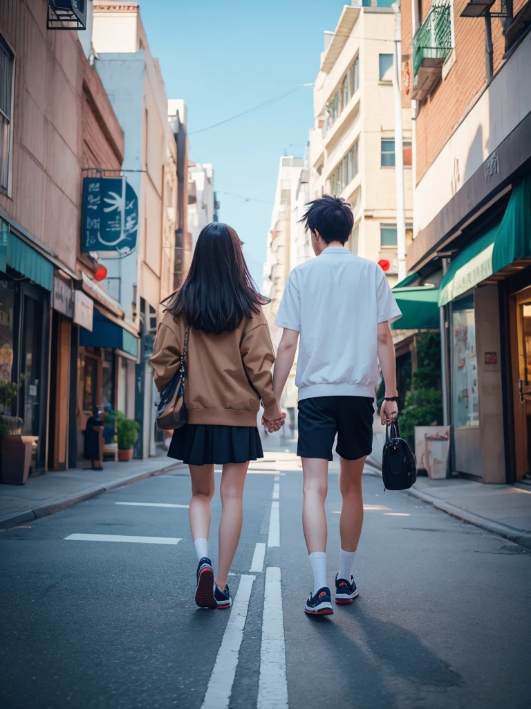 Anime couple walking down the street holding hands, Gweiz-style artwork, Walk together, Anime Style, Anime Style. 8K, 現代Anime Style, Anime Styleイラスト, Anime Style 4k, On the street, Anime Styleに, On the city streets, Anime full body illustration, Style Anime, Lovely couple, Beautiful anime art style