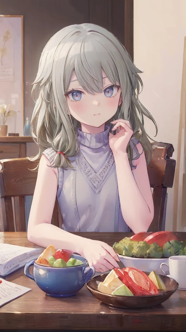 (masterpiece, Highest quality:1.6),Best image quality、Highest quality、Perfect lighting,masterpiece、Best image quality、Highest quality、smile、Show your hand, Put your elbows on the table, Slap in the face、Chest close-up, Sleeveless, Knitted sweater