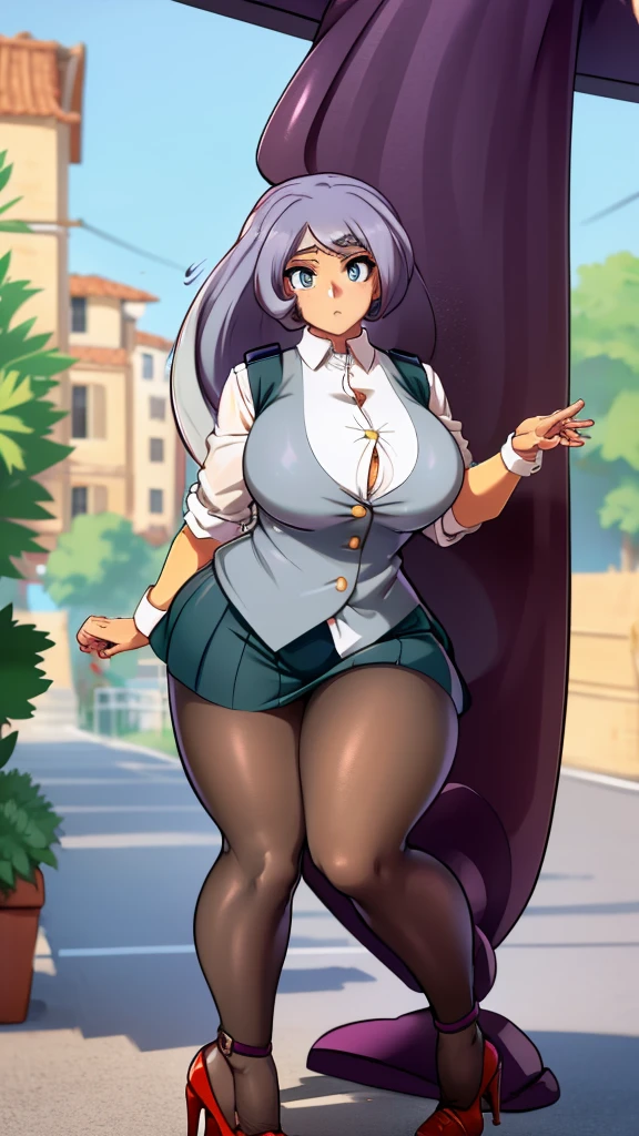 A teenage Arabian girl, cute beauty, beautiful big chest, long soft wavy light blue hair, her purple eye, she wears a white button-down shirt, wearing a gray sleeveless button-down vest and a metallic purple skirt, a pair of red socks, and yellow heels.