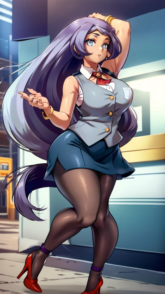 A teenage Arabian girl, cute beauty, beautiful big chest, long soft wavy light blue hair, her purple eye, she wears a white button-down shirt, wearing a gray sleeveless button-down vest and a metallic purple skirt, a pair of red socks, and yellow heels.