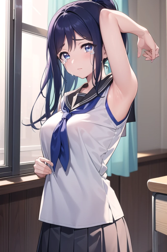 ((Show your armpits)),((Crying)),((Blue Hair)),kananmatsuura, Kanan Matsuura, blue hair, long hair, ponytail, (purple eyes:1.1), sidelocks, (medium breast:1.2),
BREAK aqua neckerchief, grey sailor collar, grey skirt, Miniskirt, neckerchief, pleated skirt, sailor collar, sailor shirt, school uniform, serafuku, shirt, skirt, summer uniform, uranohoshi , white shirt,
BREAK looking at viewer, 
BREAK indoors, classroom,
BREAK (masterpiece:1.2), best quality, high resolution, unity 8k wallpaper, (illustration:0.8), (beautiful detailed eyes:1.6), extremely detailed face, perfect lighting, extremely detailed CG, (perfect hands, perfect anatomy),