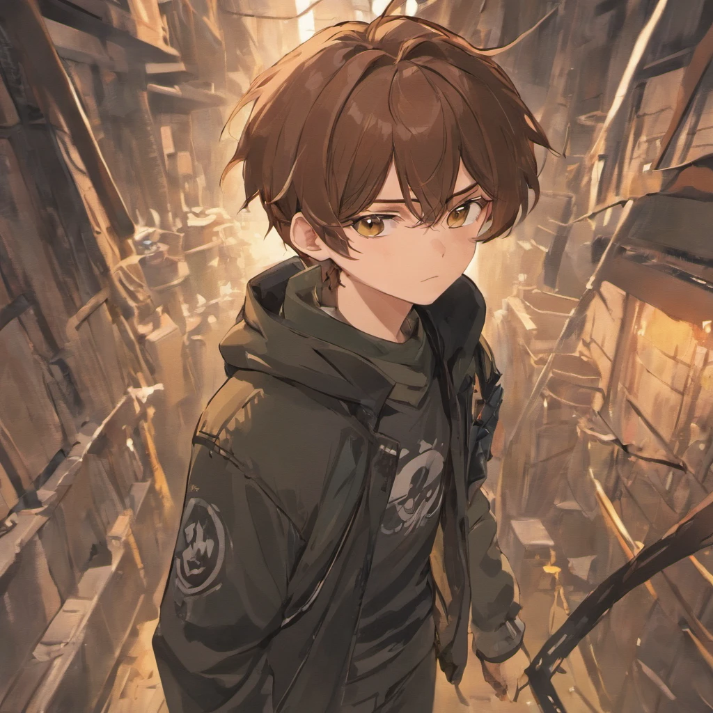 One boy,Brown Hair,Black clothes,Camouflage trousers,He has a gun,Handgun,anime,game