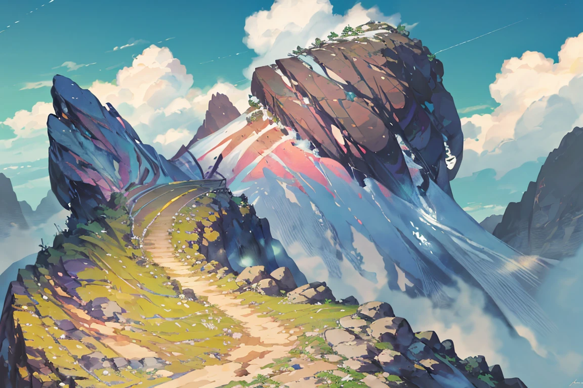 summer, rocky area, rock formation, (illustration : 1.0), Narrative composition, realistic lighting, HD detail, masterpiece, best quality best, (Highly detailed CG integrated 8k wallpaper), wide and flat rocky area, A small, sharp, rough rock at the top of the screen.
