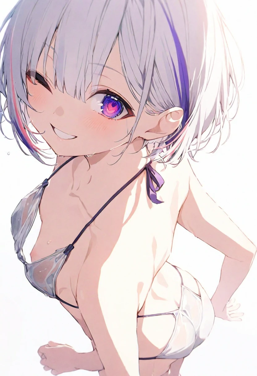 (muste piece), (best quality), very detailed eyes, expressive eyes, perfect face, very detailed face, highly detailed face, beautiful girl, 8K, beautiful girl, white background, delicate and beautiful face and eyes, dark intense shadow, 1 girl, vtuber style, cool girl, hololive, amane kanata, streaked hair, short hair, string bikini, wet body, back, back to viewer, ass, lower body, small chest, cropped shoulders, clavicle, one eye close winking, smile, body visible through clothes, chest visible through clothes, (full body), standing,