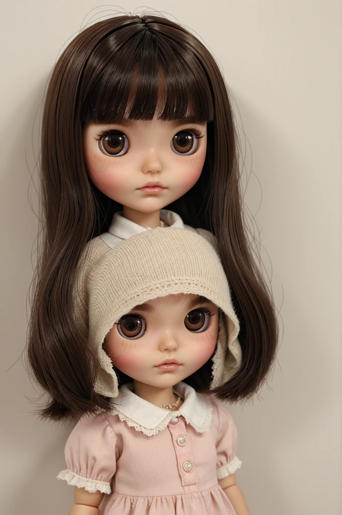 create a blythe doll with rosy chubby cheeks, short straight black medium hair, doe brown eyes, thick eyebrows, round face, girly clothes without bangs