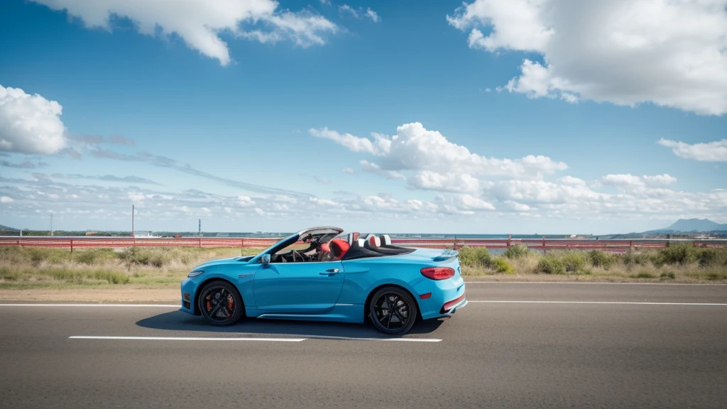 Generate an illustration of a car driving on a highway. The car should be either red or yellow and viewed from the right side with a slightly top-down angle showing a bit of the car roof. The weather is clear with blue sky and white clouds. The style should be natural, minimalistic, sci-fi, bright, and with natural colors.