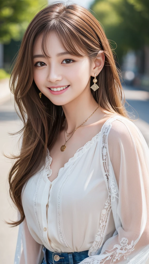 Ultra-high resolution, Superior Quality, Highest quality, Very detailed, Realistic, 8K, RAW Photos, Highest quality, masterpiece, Attractive girl, Awesome girl, Light brown hair、Wavy Hair、 hairstyle semi long、Mesh Hair, Japanese Idols, ear piercing、Necklace around the neck、blouse、smile、Beautiful teeth alignment、
