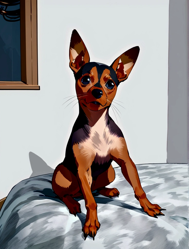 A Pinscher looking at the camera with a look of surprise and confusion, Looking with head turned to the side, in a beautiful garden with the tips of the white paws, short hair and the name Zaya in large letters