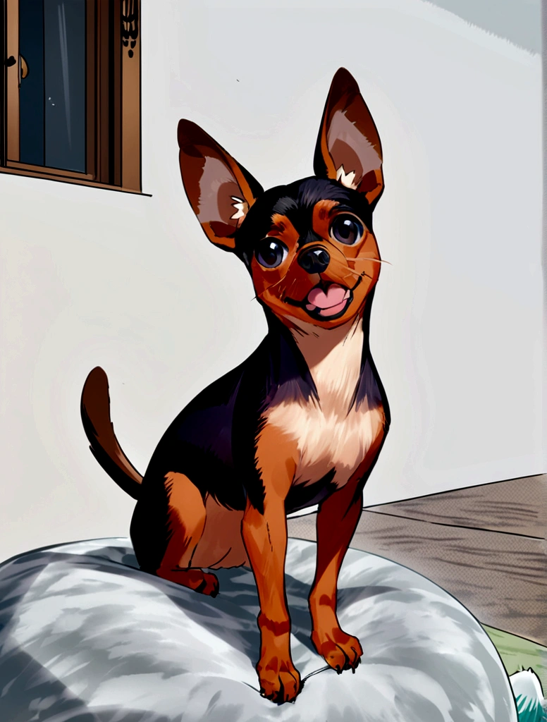 A Pinscher looking at the camera with a look of surprise and confusion, Looking with head turned to the side, in a beautiful garden with the tips of the white paws, short hair and the name Zaya in large letters