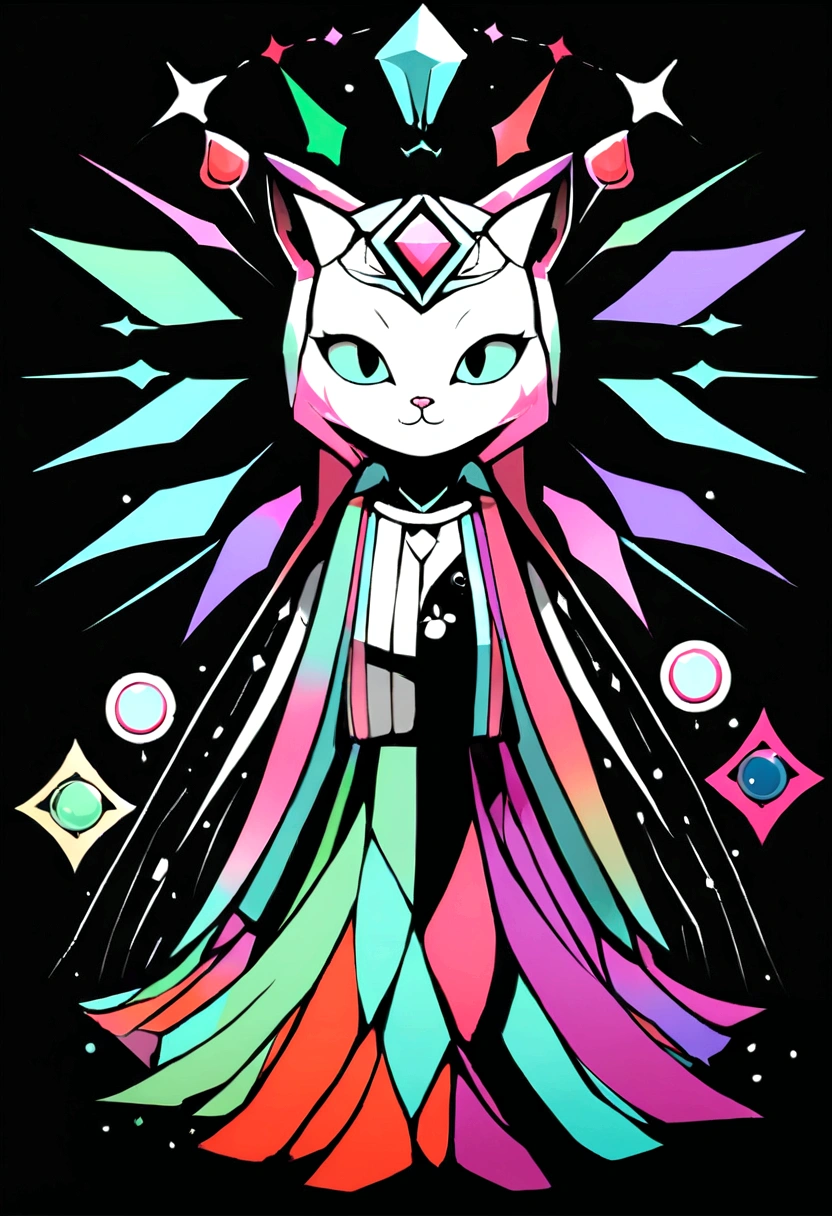 Colorful logo, Cute minimalist illustration of kitten head vector art, devant, magique, Design pointu, Memorandum of Understanding, couleur monochrome, Dark Magic Colorful Splatter Paint, Conception de t-shirt, Studio Ghibli Style, The design must be vector art . Using Adobe Illustrator, Create a, Logo simple mais captivant. Keep the design centered on the cat's eye, Capture its uniqueness and charm. The logo should evoke a sense of sophistication and tranquility. Emphasis on low-poly styling adds a touch of luxury. The overall aesthetic should be sleek and stylish, pertinent par rapport aux objectifs de votre marque et de votre logo, Black Backgrounds, ((Simemeter))　It's a little cat