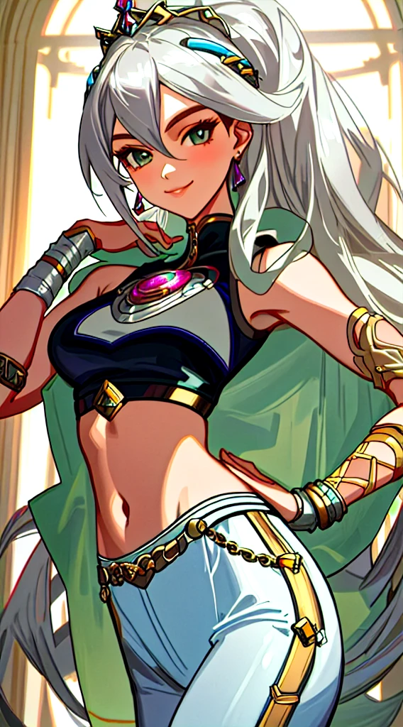 Best quality, masterpiece, portrait, perfect anatomy, flawless, 1woman, solo, sexy, stylish, mature, silver pants, croptop, long hair, feminine, cool, queen, correct female anatomy, sedictive, smile