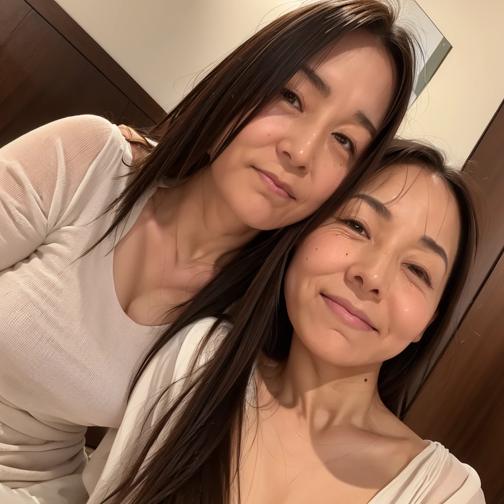 ((Highest quality)), ((8K)), ((masterpiece: 1.3)), (Perfect appearance), (Photorealism: 1.6), (JMA), (Woman portrait), (Japanese Mature), (Blurred Background), ((Looking here, A woman in the center of the screen)), ((Realistic skin texture)), (Fine wrinkles all over the skin), (Dullness), (Unmoisturized skin), (Facial wrinkles), (Wrinkles around the eyes), double eyelid, Lower eyelid tear trough, (Crying Mole), (Brown eyes), (Precise eyeball), Closed lips, Calm expression, (Dimples), (Straight hair), (Short Hair), (Thin and smooth hair), (Both ears are visible), (Medium), (Saggy breasts), (Breasts that have lost their firmness and sagging), (Wide-necked blouse), (Focus on the face),