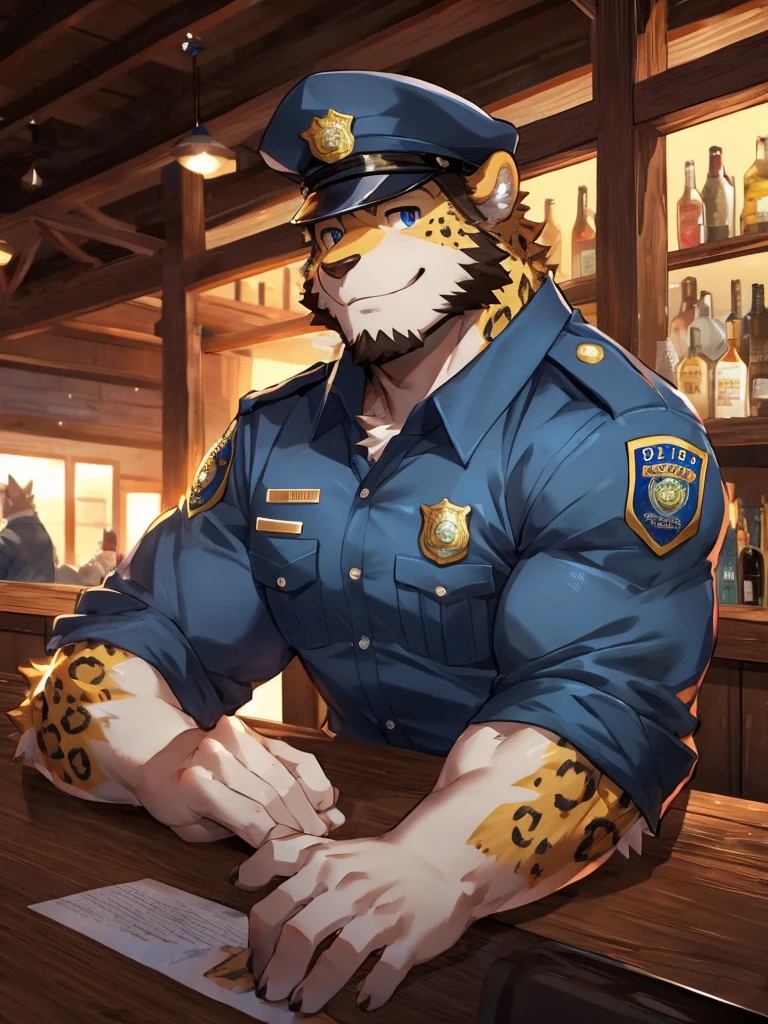 embedding:Leopard,Pale blue eyes,Single Person,Male.Solo,Chief of police,Wearing a police uniform,Wearing a police cap,At the bar,Night,Tertiary,Stubble,A short beard,Mature and stable,muscle,smile,Maturity,Robust,Best quality hands, best quality eye,detailed fur,Delicate eyes.Extreme picture quality,by sollyz,by zixiong,by milkytiger1145