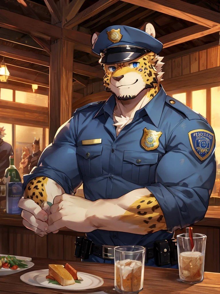 embedding:Leopard,Pale blue eyes,Single Person,Male.Solo,Chief of police,Wearing a police uniform,Wearing a police cap,At the bar,Night,Tertiary,Stubble,A short beard,Mature and stable,muscle,smile,Maturity,Robust,Best quality hands, best quality eye,detailed fur,Delicate eyes.Extreme picture quality,by sollyz,by zixiong,by milkytiger1145