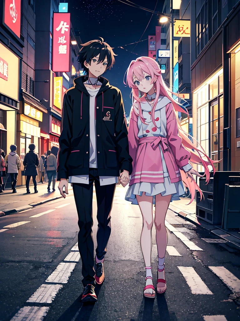 Anime couple walking down the street holding hands, Gweiz-style artwork, Walk together, Anime Style, Anime Style. 8K, 現代Anime Style, Anime Styleイラスト, Anime Style 4k, On the street, Anime Styleに, On the city streets, Anime full body illustration, Style Anime, Lovely couple, Beautiful anime art style