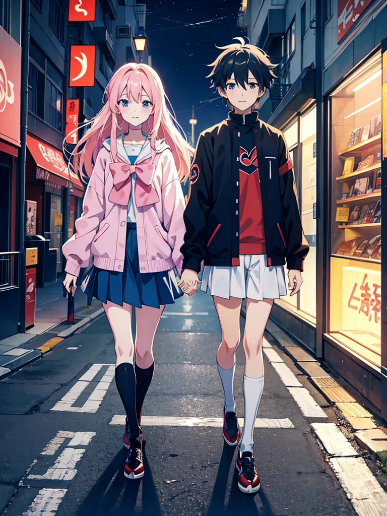 Anime couple walking down the street holding hands, Gweiz-style artwork, Walk together, Anime Style, Anime Style. 8K, 現代Anime Style, Anime Styleイラスト, Anime Style 4k, On the street, Anime Styleに, On the city streets, Anime full body illustration, Style Anime, Lovely couple, Beautiful anime art style