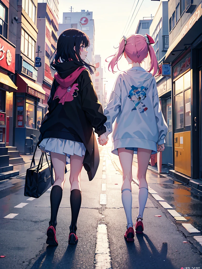 Anime couple walking down the street holding hands, Gweiz-style artwork, Walk together, Anime Style, Anime Style. 8K, 現代Anime Style, Anime Styleイラスト, Anime Style 4k, On the street, Anime Styleに, On the city streets, Anime full body illustration, Style Anime, Lovely couple, Beautiful anime art style