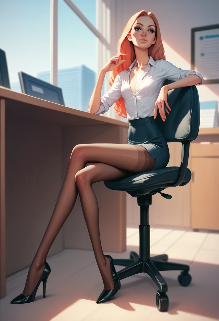 ultra realistic, photography, long red hair, girl, 2, hourglass figure, perfect body, small breasts, Flirty look, extremely detailed artgerm, in the style artgerm, facing the camera, lens 35 mm, blur background, sitting at the desk in an office in a leather chair, hair in a ponytail, wearing a suit and a skirt, high heels, legs crossed, she is the ceo of the company, long legs, beautiful legs, naked full body, show pussy, show tits,