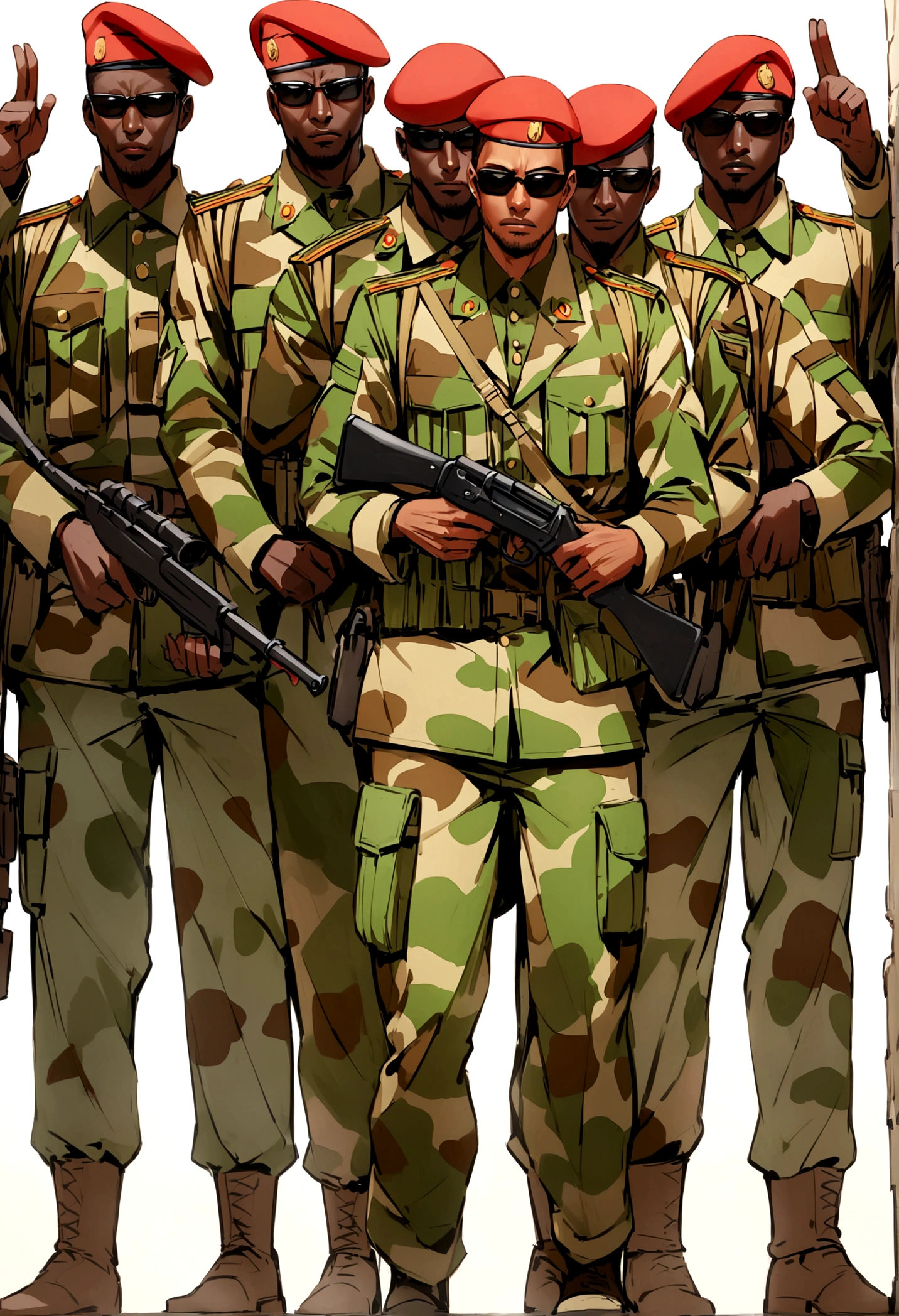 African  Mans group of soldiers in uniform. In the foreground, a man stands out clearly. He wears a red beret, a camouflage uniform in shades of brown and green, and a holster attached to his right leg, suggesting that he probably carries a weapon.