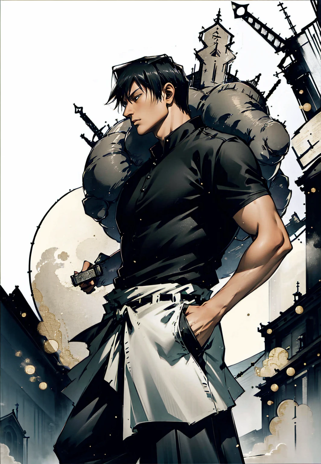 (majestic, Awesome, exquisite:1.3),toji fushiguro, in profile, short sword, one hand in the pocket
