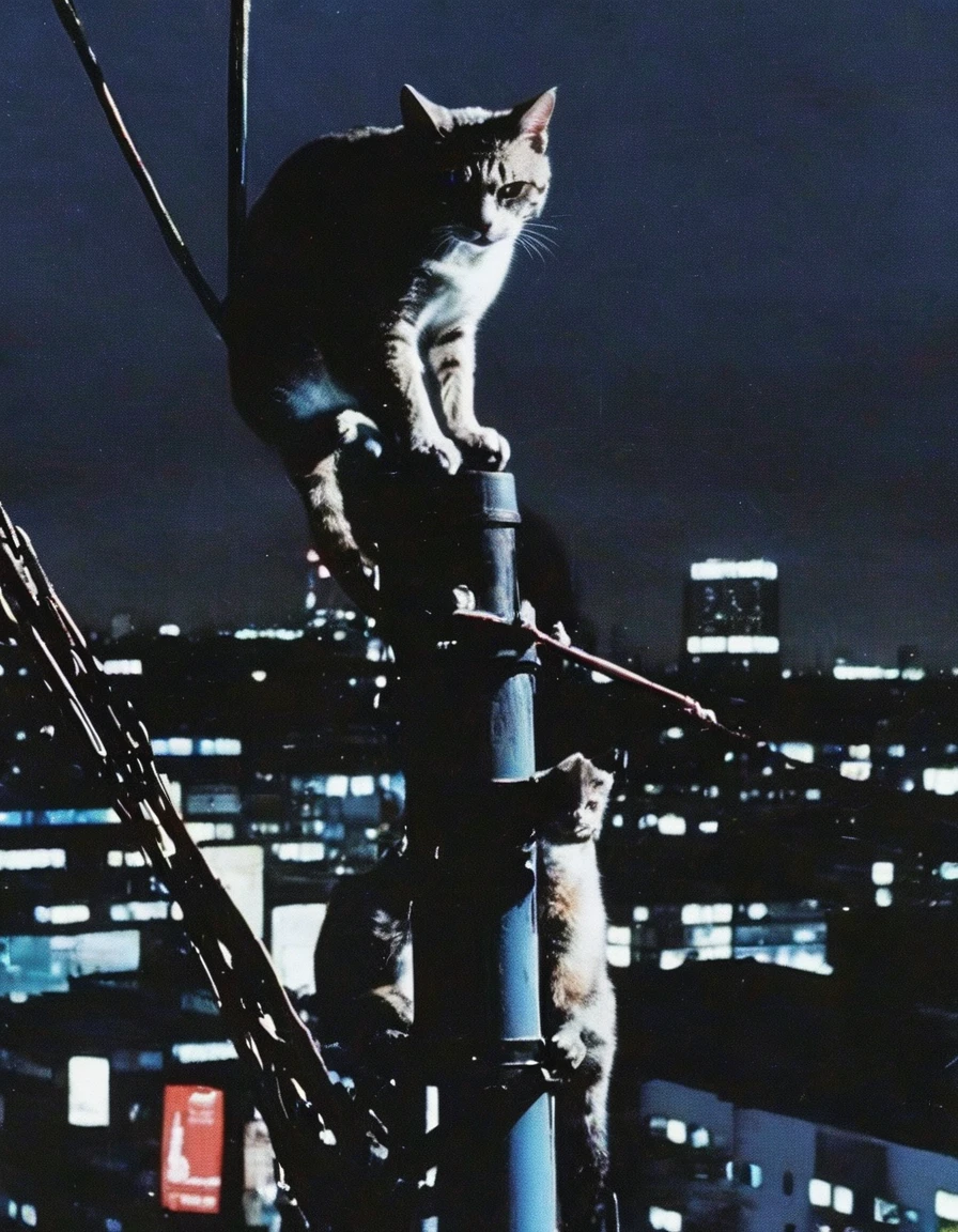 cat sits on electric pole with many electric cables in bangkok at night