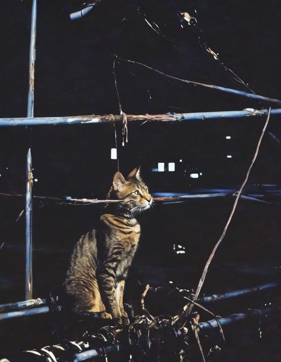 cat sits on electric pole with many electric cables in bangkok at night