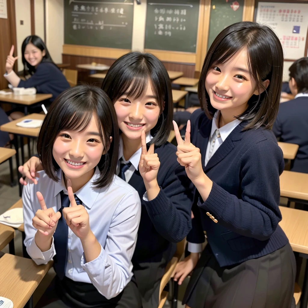 A confident smile, Reading during break time in the classroom,They seem to enjoy themselves,短いBlack Hair, Brown eyes,Brown Skin,2 students、Use a gesture commonly associated with the peace sign while speaking (Tele from the restaurant), skirt, Black Hair, indoor, lunch, uniform, ((((Complete faithful finger))))