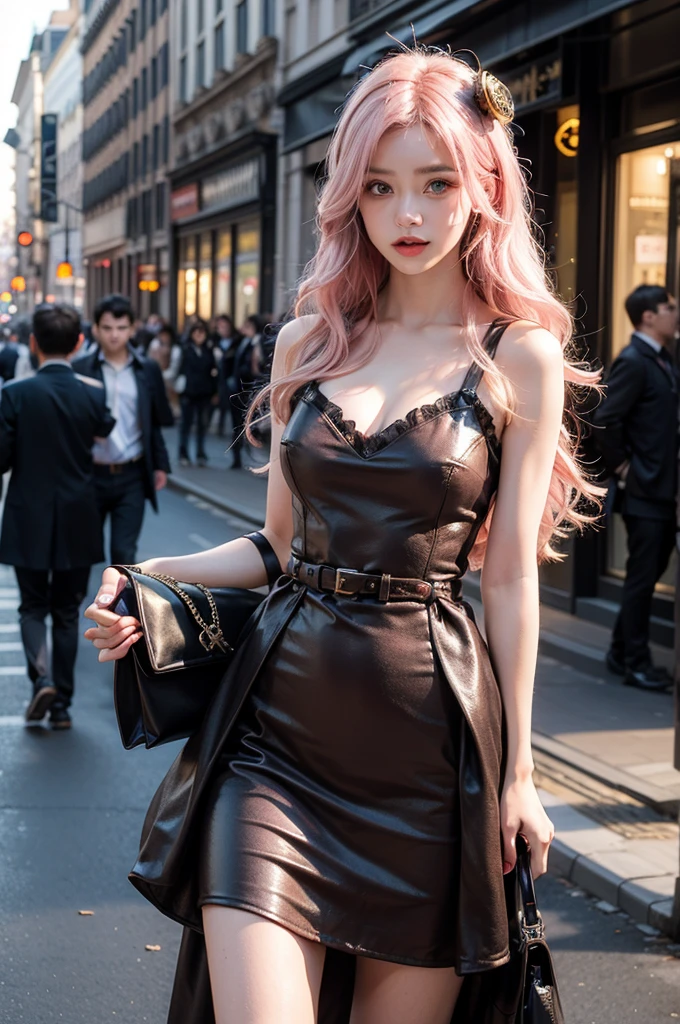 Light pink hair, blue eyes,  Champs-Élysées, Vibrant colors, steampunk　Costumes、 Sunset behind, Ray Tracing, Wavy long hair、shopping