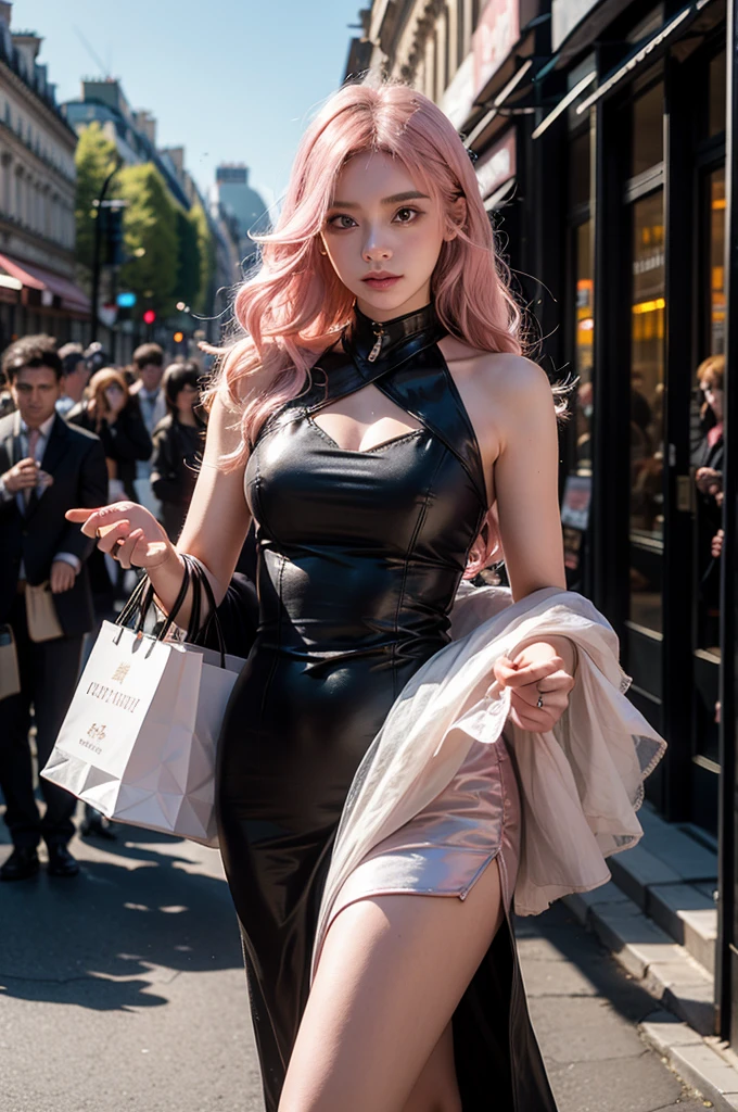 Light pink hair, blue eyes,  Champs-Élysées, Vibrant colors, steampunk　Costumes、 Sunset behind, Ray Tracing, Wavy long hair、shopping