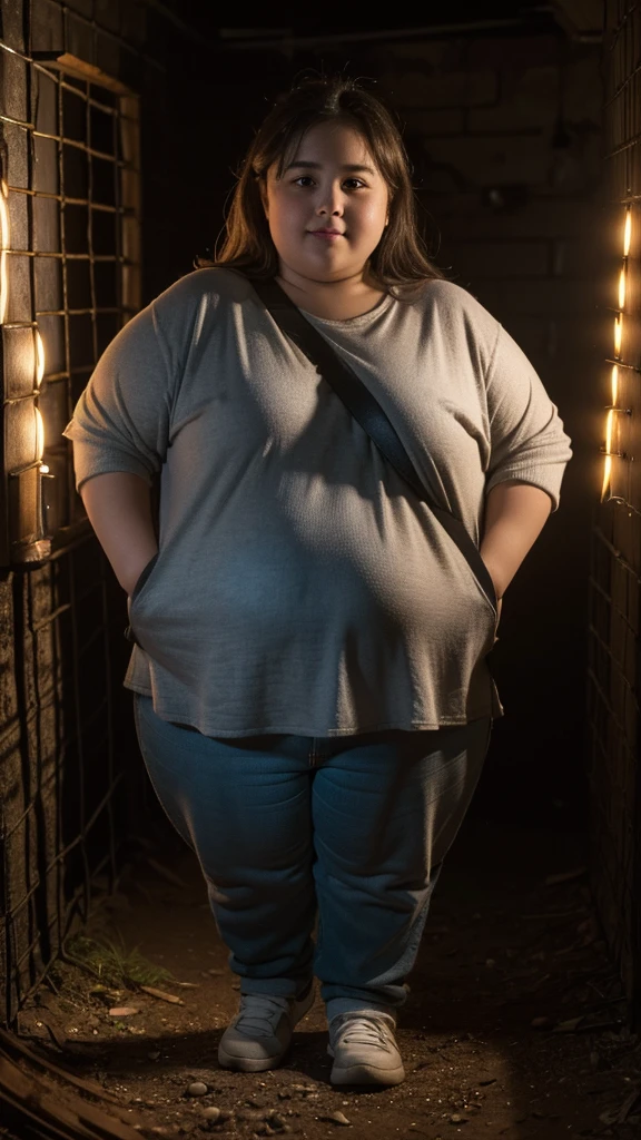 A very fat, obese -yeld giin an underground prison, looking excited, detailed facial features, (best quality,4k,8k,highres,masterpiece:1.2),ultra-detailed,(realistic,photorealistic,photo-realistic:1.37),HDR,UHD,studio lighting,ultra-fine painting,sharp focus,physically-based rendering,extreme detail description,professional,vivid colors,bokeh,dark and moody atmosphere,cinematic lighting,dramatic shadows,claustrophobic environment,rusty metal bars,stone walls,dirt floor,glowing lights,excited expression,chubby cheeks,double chin,plump body,thick arms and legs