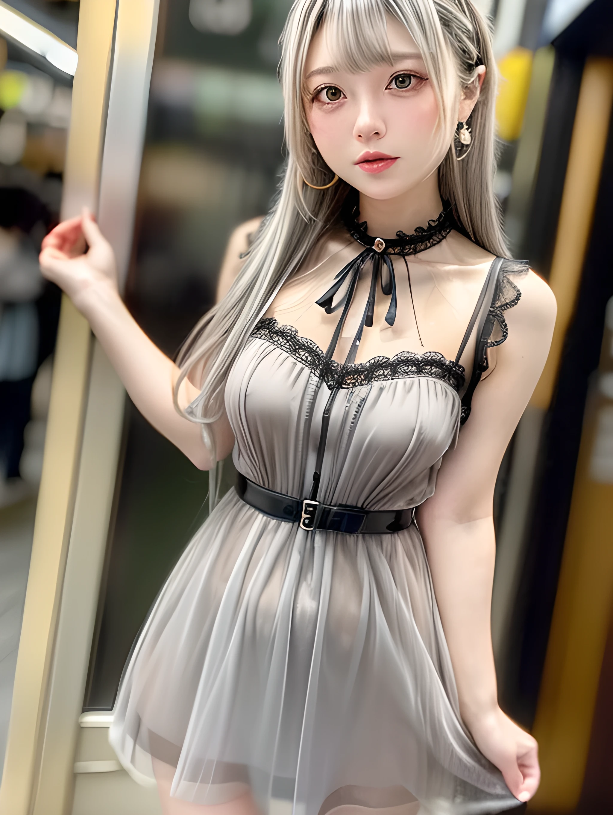 8K, RAW Photos, Fujifilm, Beautiful 20 year old woman style photo, (((Gray Hair:1.3,美しいGray Hairのストレートヘアー、シルキーなGray Hair)))、(((A sheer dress:1.5,))) Gold earrings, (Highly detailed skin: 1.2), Light medium brown hair, Film Grain, 35mm, Cute Style、Open your mouth、car、(((Standing 1.5)))、Selfie with smartphone、skirt、I can see your thighs