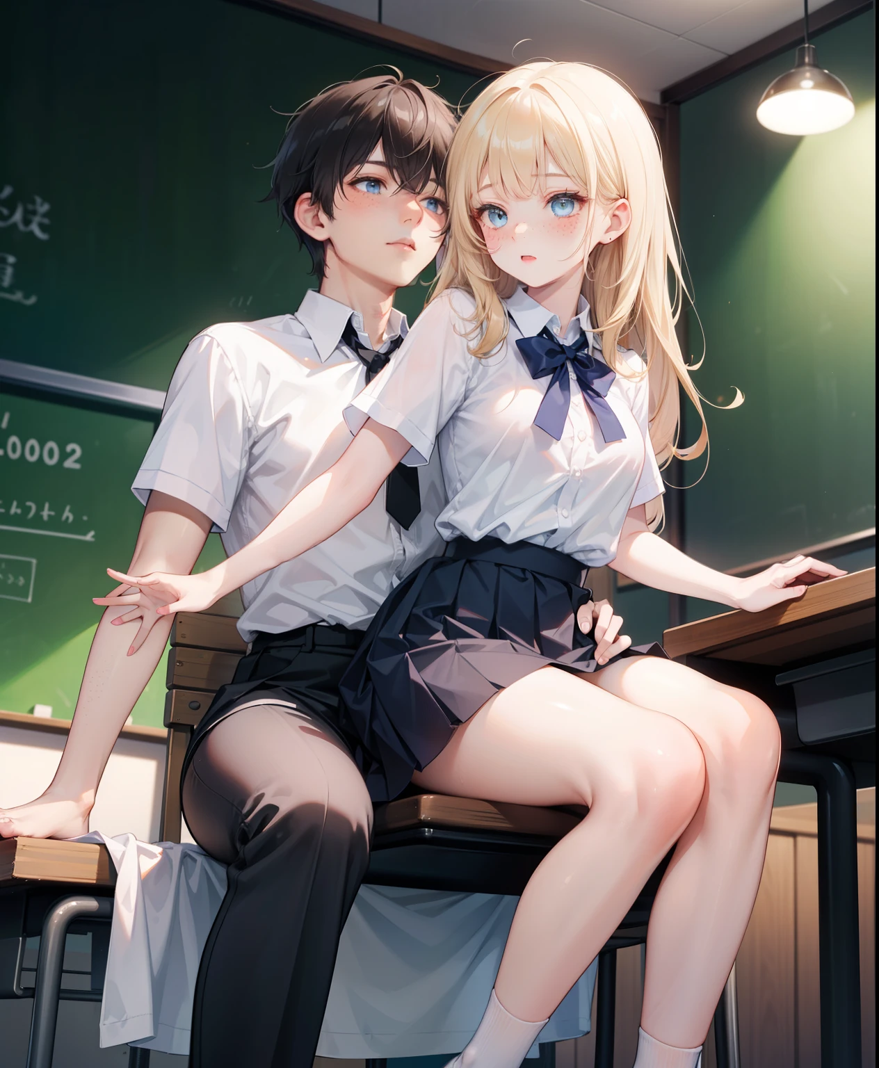 ((girl and man)), , , Dynamic posing, dynamic angle, Arrange pose,Top quality work，Show Legs，(long light ginger hair),((light blue eyes)), freckles, Rose cheeks, Pretty Face, A perfectly proportioned face, school white shirt and black skirt, (school uniform), (school white shirt), white stockings，school, in classroom, full-body view), ((dark fantasy)),((handsome boy grabbing girls ass)), ((girl riding on a man)), erotic posing,Gothic background, Dark fantastic view,Best Quality,masutepiece,8K,The ultimate detailed dark background, Top image quality、RAW photography、超A high resolution，cropped shoulders, overall look is very erotic, model shoot, round chest, Beautiful Eyes of Details、Very slender eyes、Beautiful eyelashes、Very slim physique, with blush cheeks