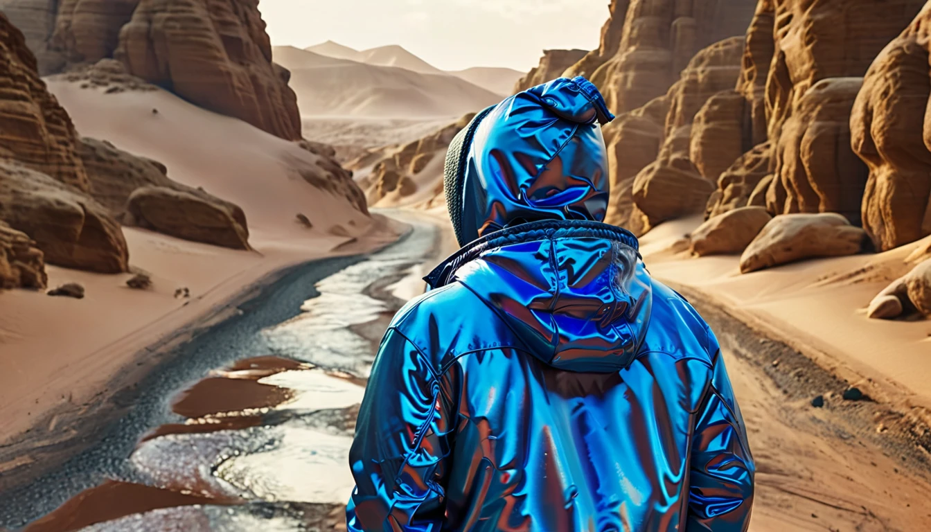 Back view of a middle-aged man standing alone on a wilderness road, wearing a blue hooded jacket, centered, scale fit, rule of thirds, (shiny Egyptian ornaments), high resolution, sharp focus, (ultra detailed, highly detailed), (photorealistic artwork: 1.37), (highly detailed CG Unity 8k wallpaper), (((vibrant colors, vibrant theme))), (exquisite), (masterpiece), (best quality), art photography, (photo by sldr), (exquisite background), perfectly rendered face, perfect facial details, realistic face, photorealistic, ((exquisite details)), (((realism))),